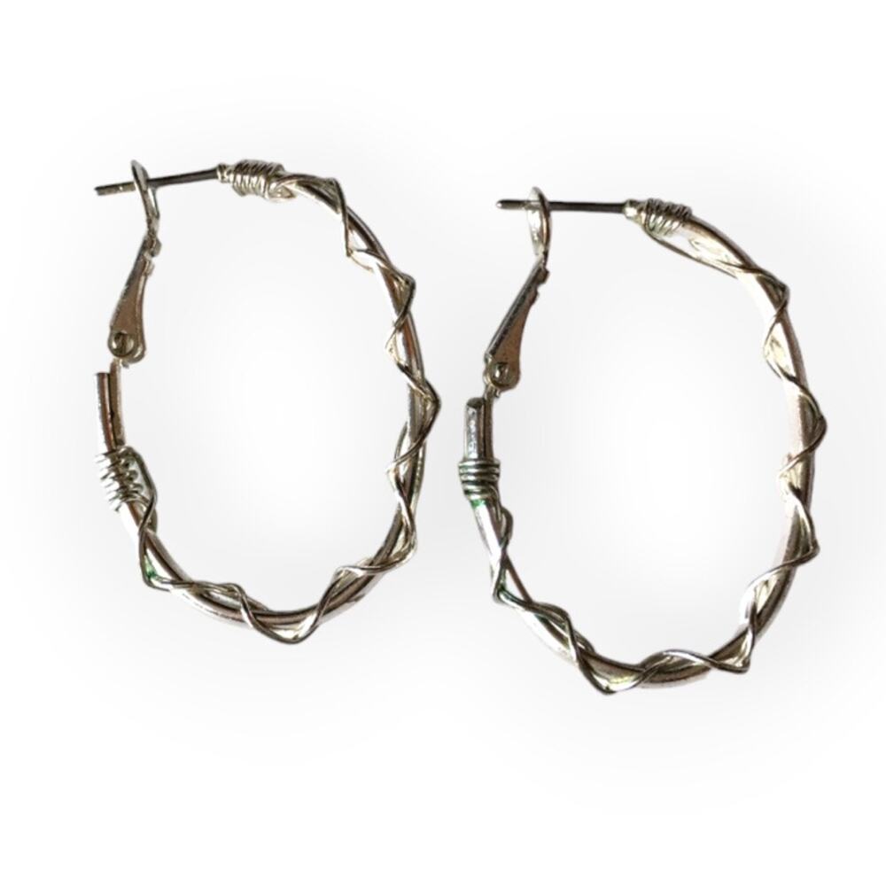 Silver tone wire-wrap oblong hoop earrings